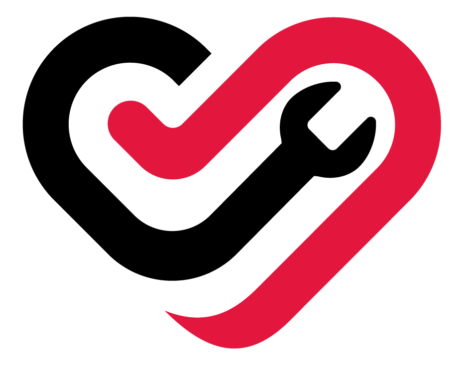 A black and red heart with a wrench inside of it.