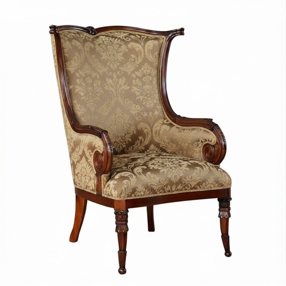 Antique upholstered wingback chair with carved wood frame and beige floral fabric