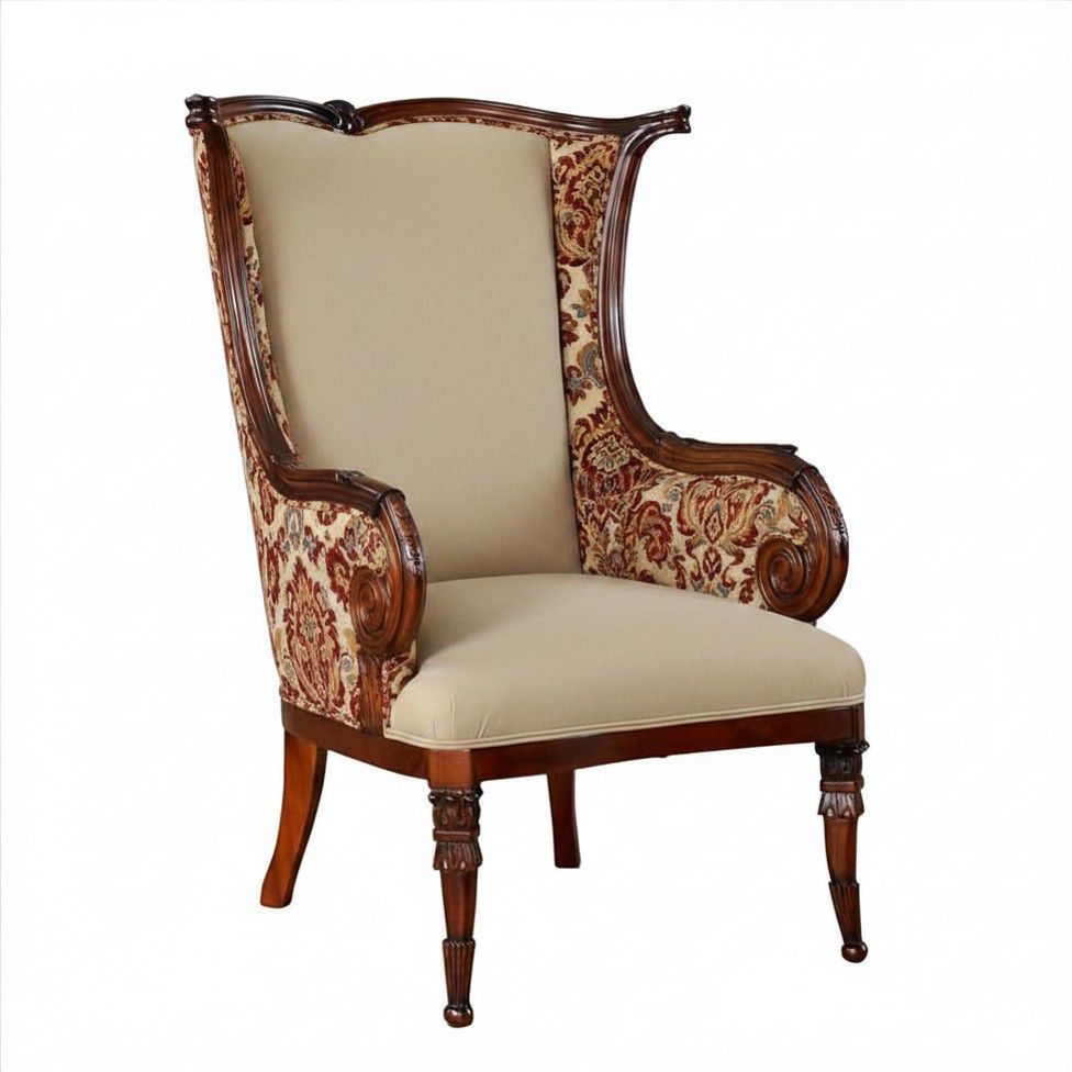 Ornate upholstered wingback chair with beige fabric and carved dark wood frame