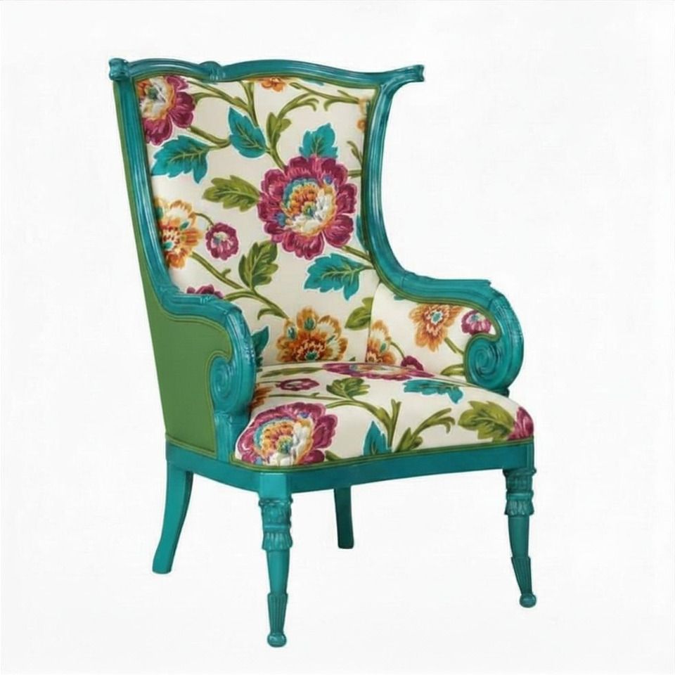 Turquoise armchair with floral cream upholstery and carved legs