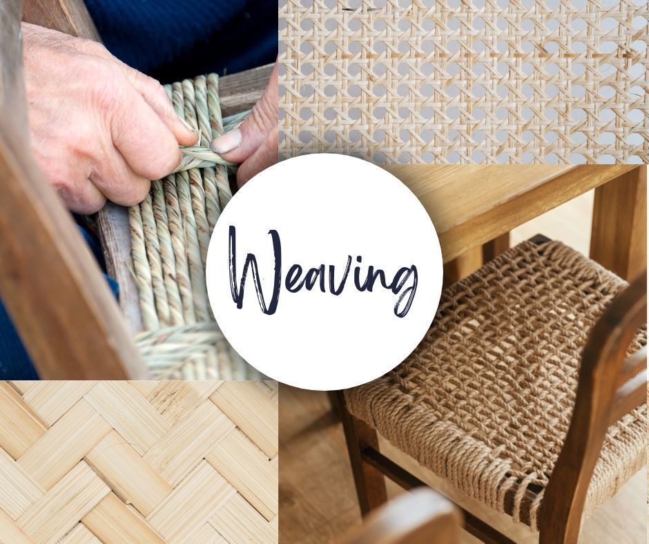 Collage showing weaving techniques: hands working, close-ups of woven materials and chair seats.