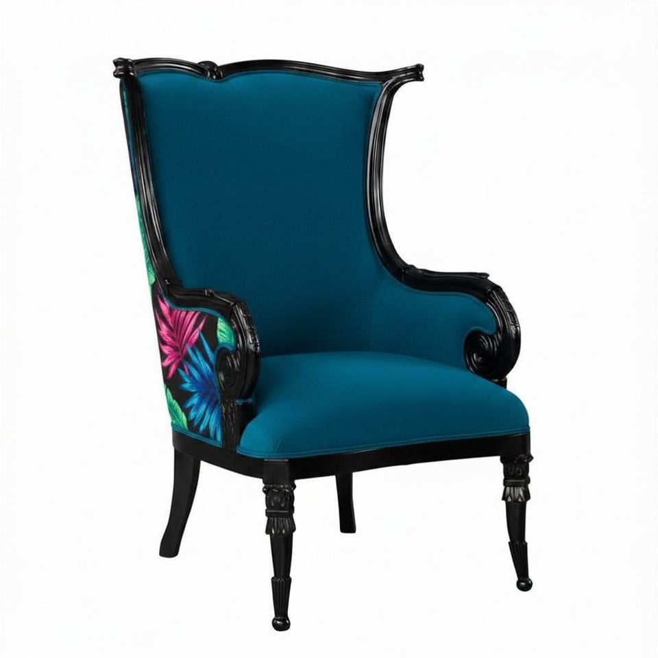 Teal upholstered wingback chair with black carved wood frame and colorful floral side panel