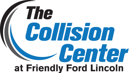 Logo for The Collision Center at Friendly Ford Lincoln; blue and black text, with partial arc.