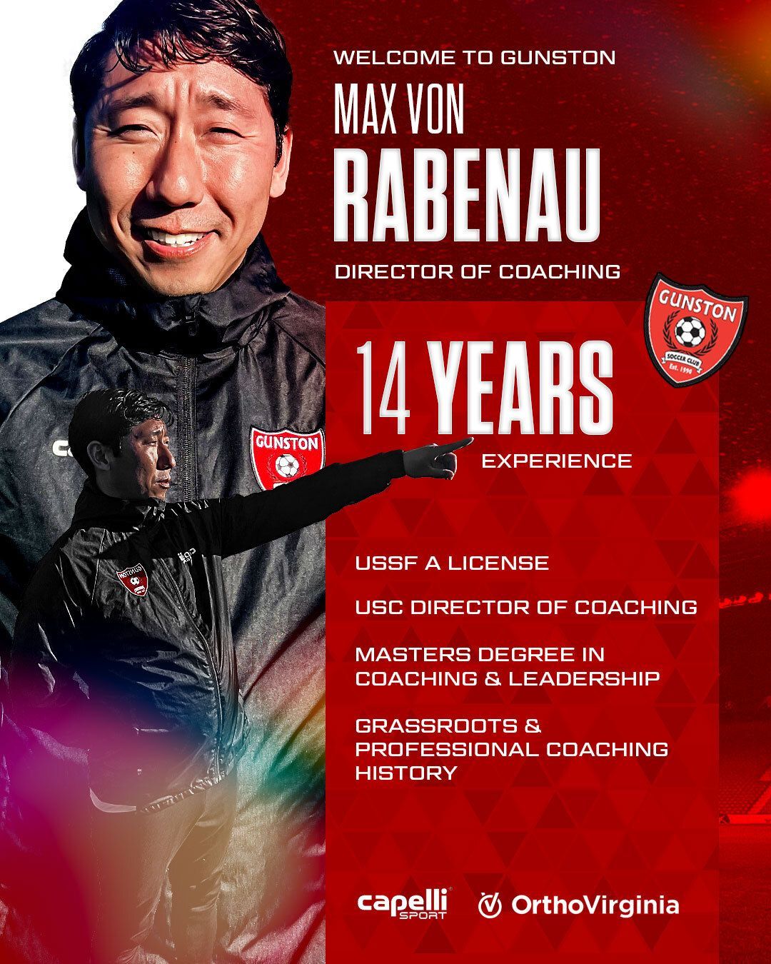 Promotional graphic for Max Von Rabenau, Director of Coaching at Gunston Soccer Club