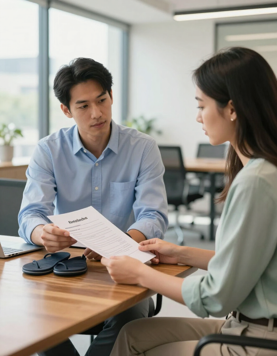 Property manager reviewing rental application with prospective tenant