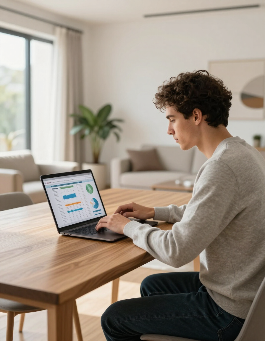 Owner reviewing rental property statement on a laptop in a modern home