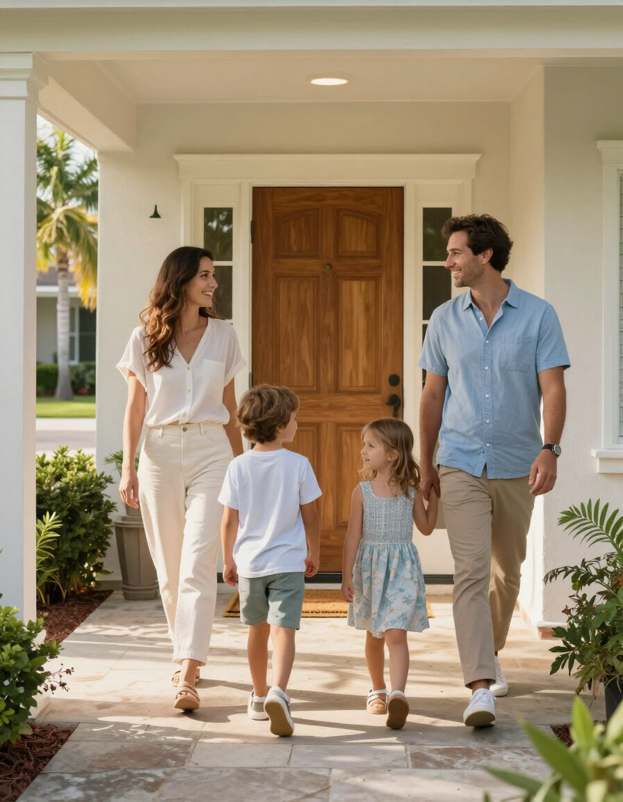 Happy family arriving at their Florida rental home