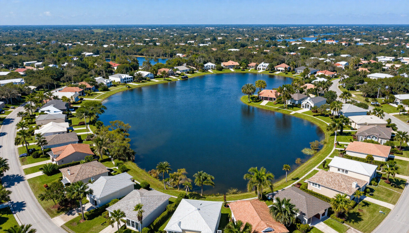Aerial view of Lake County, Florida's chain of lakes and residential communities