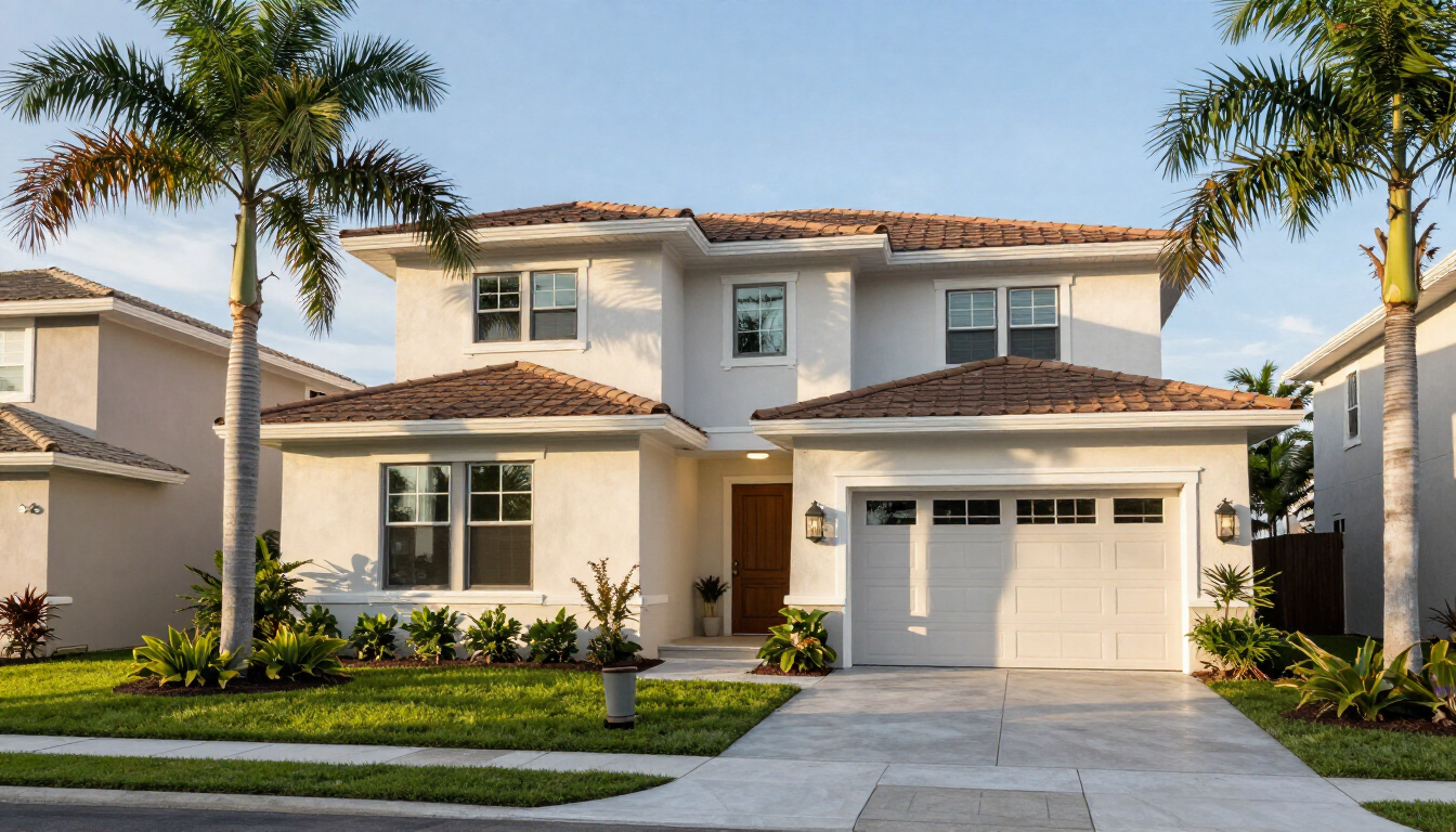 Modern Orlando-area residential neighborhood with palm trees and warm sunlight