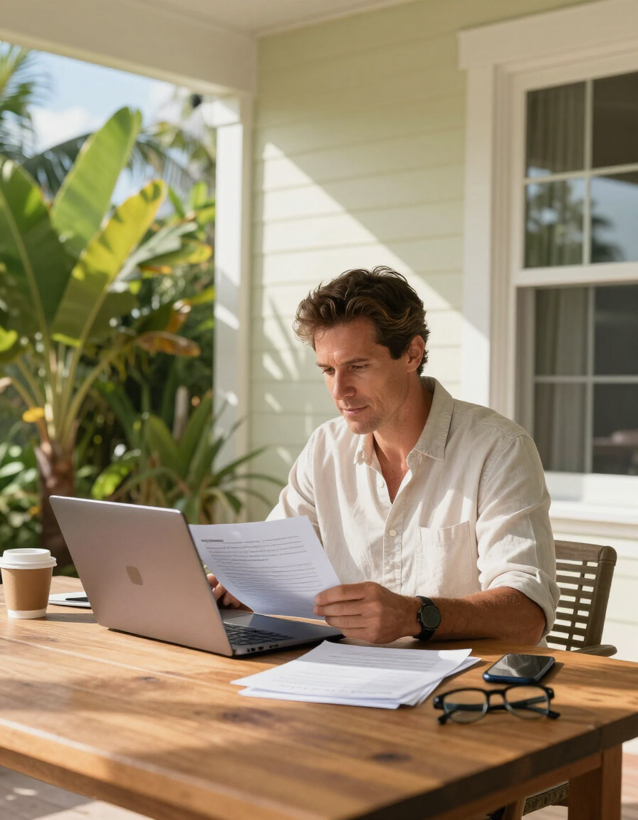 Confident property owner reviewing their investment on a sunny Florida porch