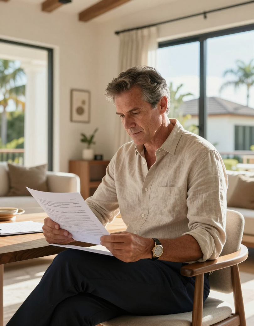 Property owner reviewing documents at a bright Florida home
