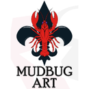 Red crawfish on a navy fleur-de-lis, "MUDBUG ART" text below.