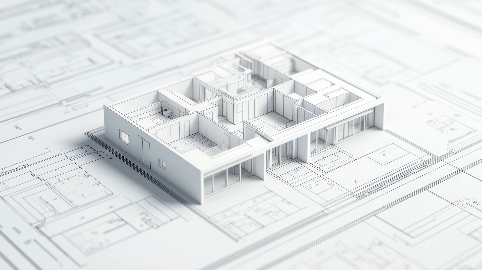 A 3d model of a house is sitting on top of a blueprint.