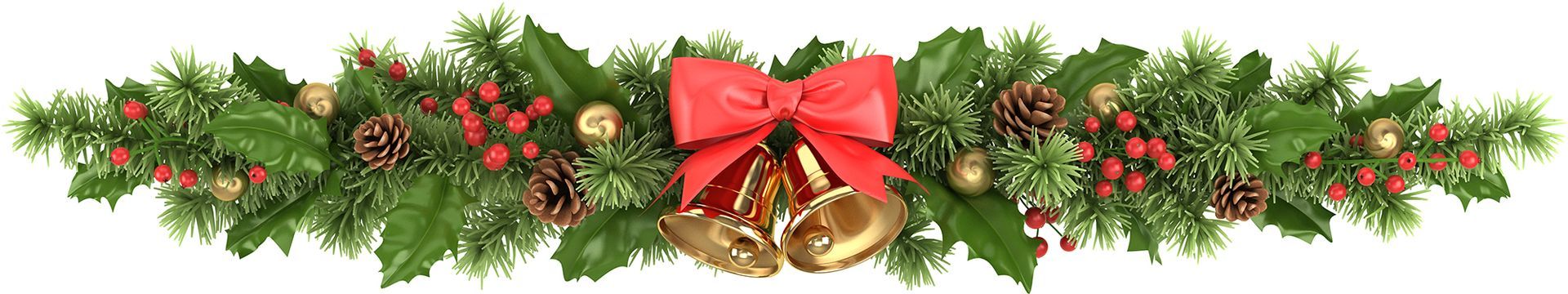 Christmas garland with green leaves, red bow, golden bells, and berries.
