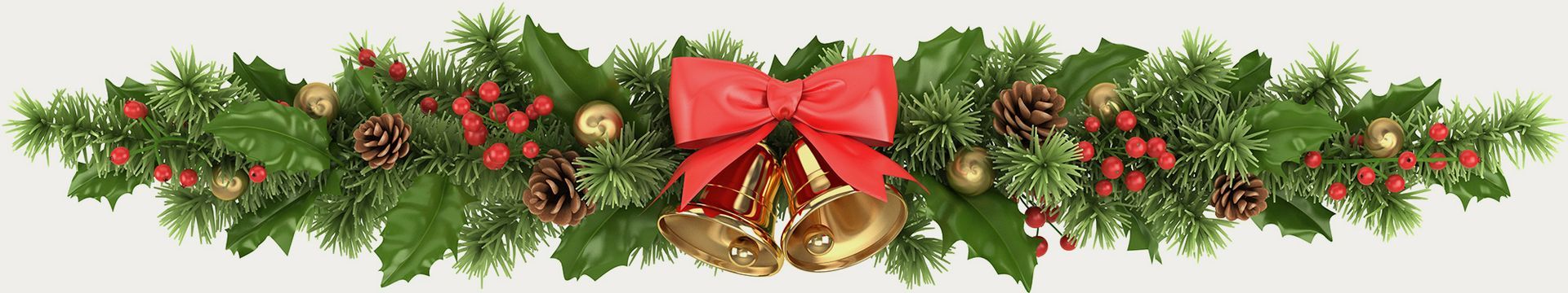 Christmas garland with red bow, gold bells, pinecones, berries, and greenery against a white background.