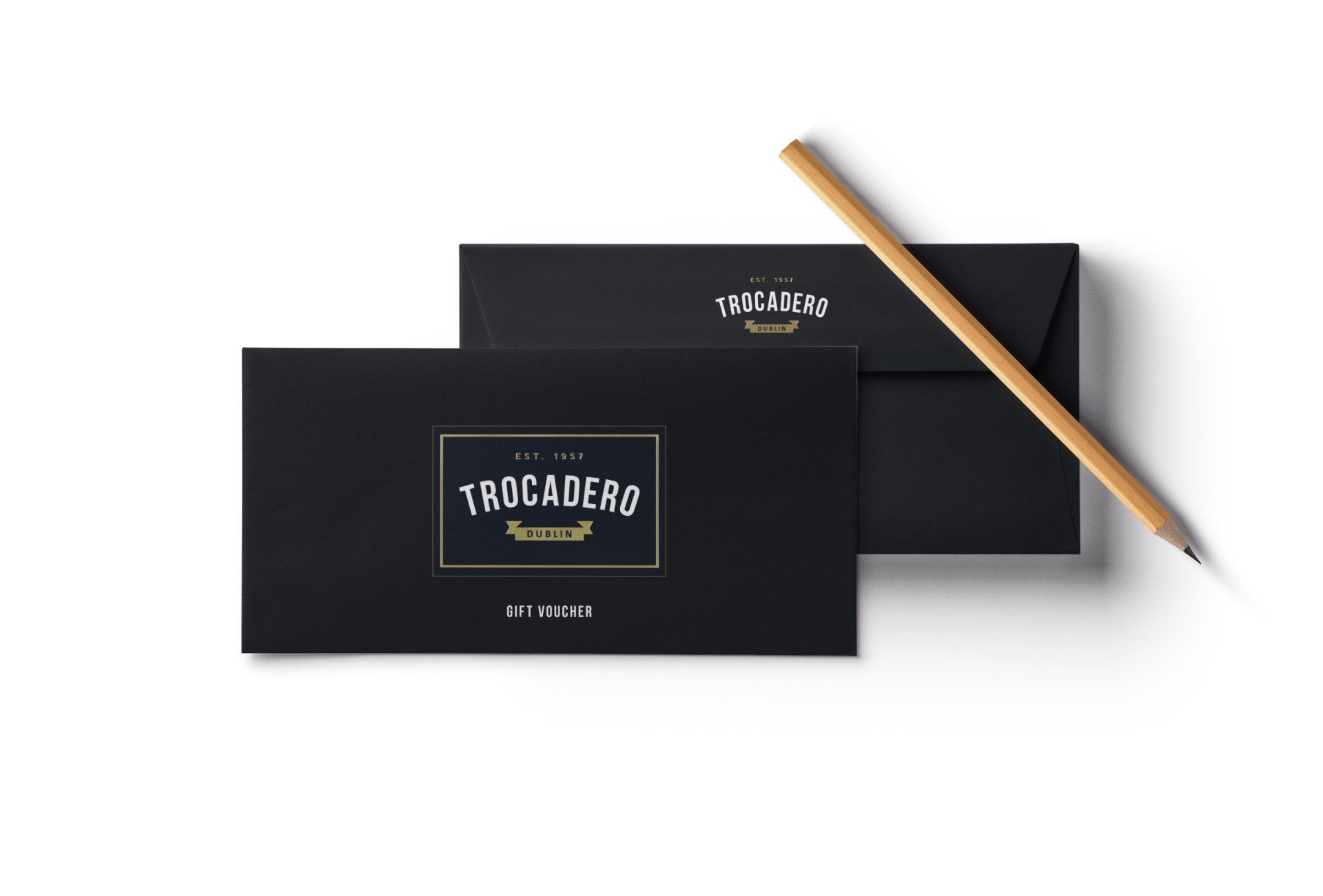 Black envelopes with gold logo of
