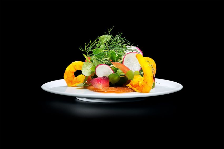 Salad on white plate: greens, radishes, orange squash, and herbs against black background.