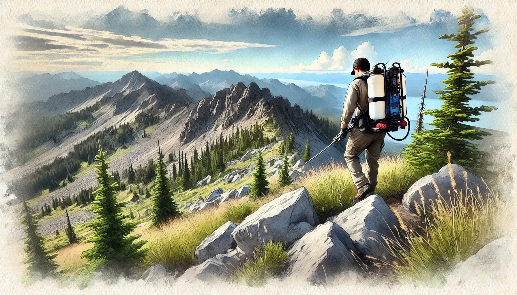 A man with a backpack is standing on top of a mountain