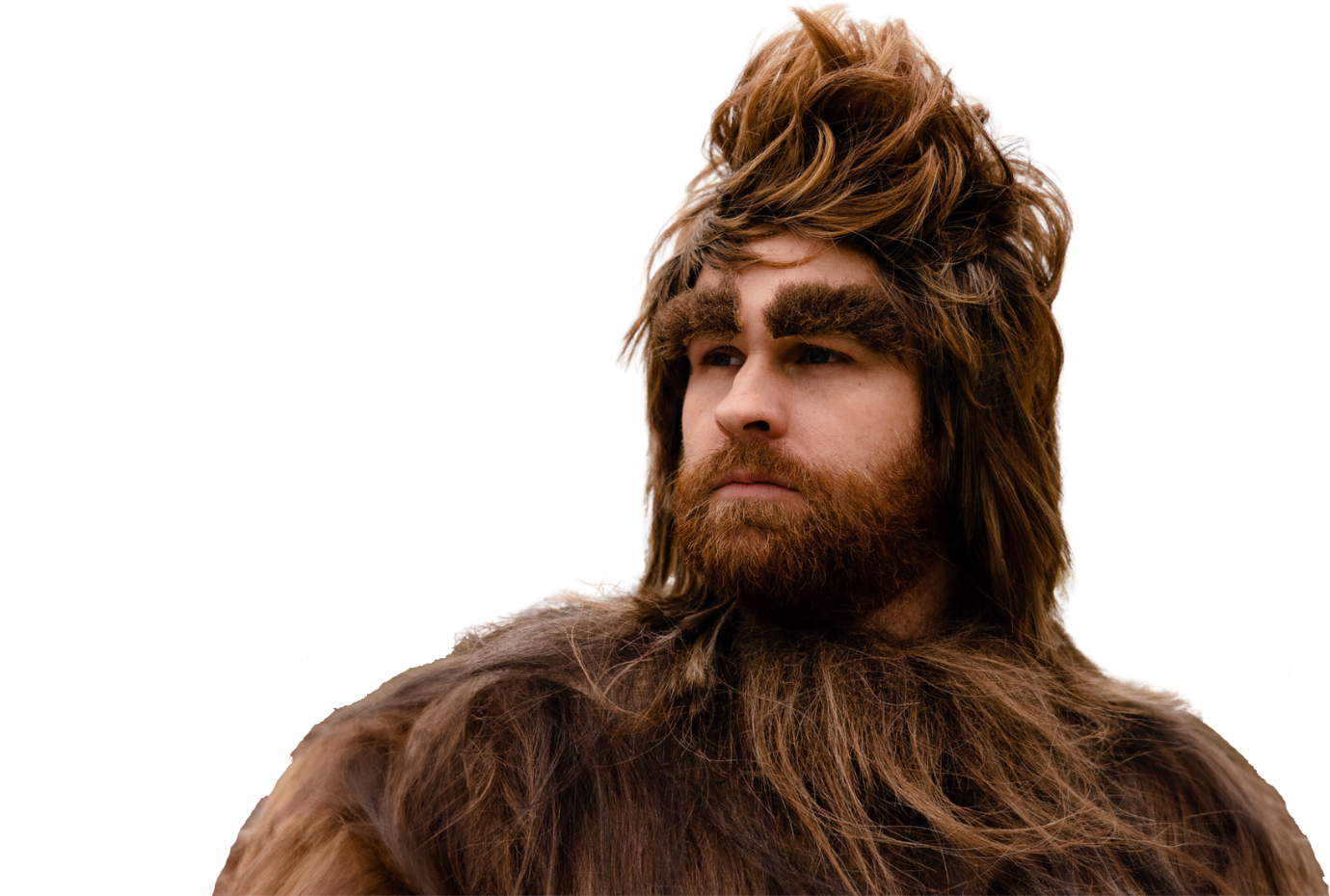 Person in a Bigfoot Costume, looking to the side with a serious expression.