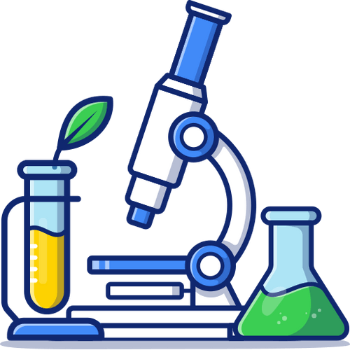 A microscope , test tubes , and a beaker with a plant growing out of it.