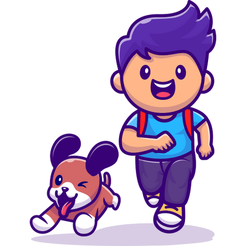 A boy is running with a dog on a leash.