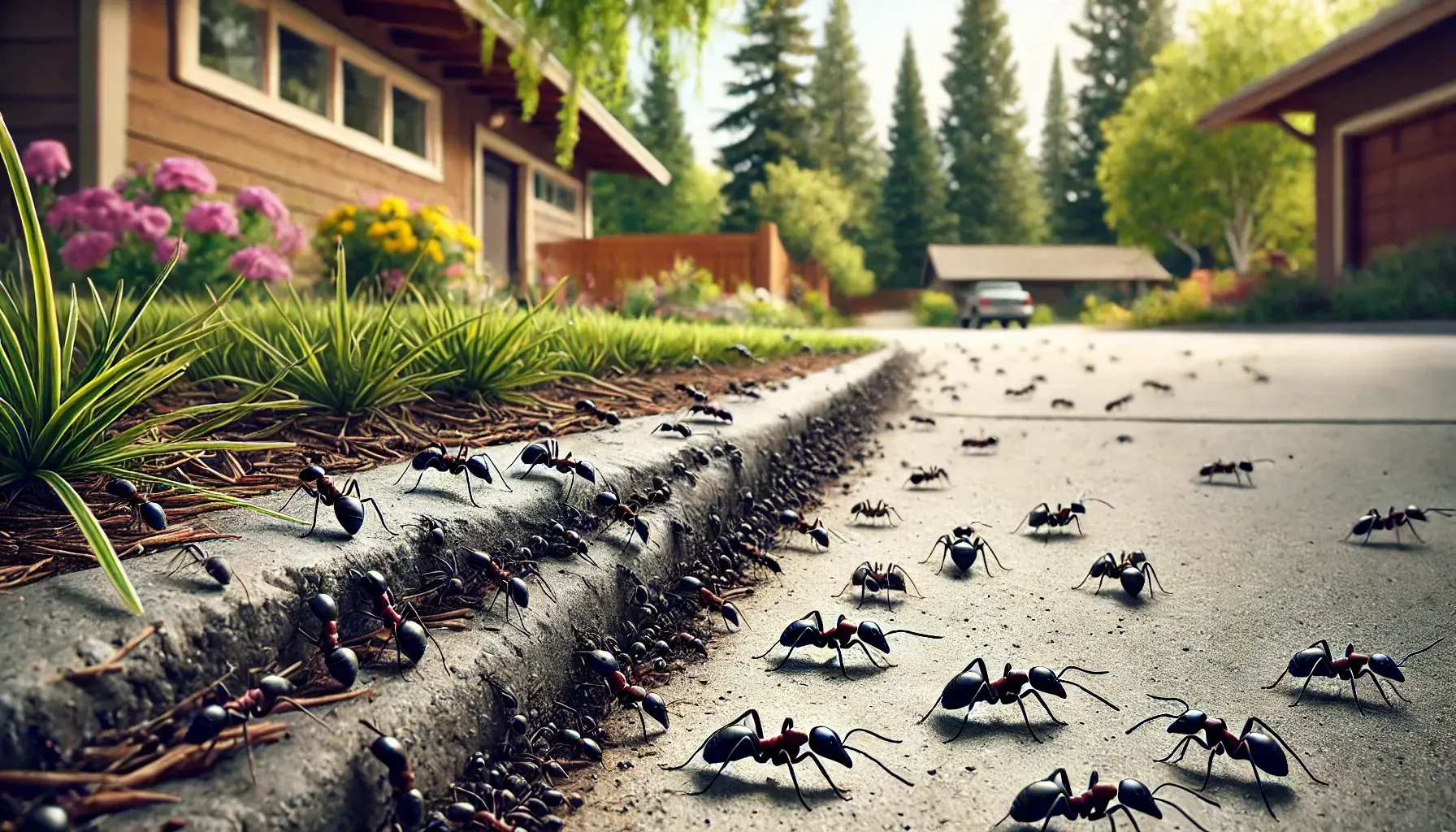 A bunch of ants are crawling on the side of a road.