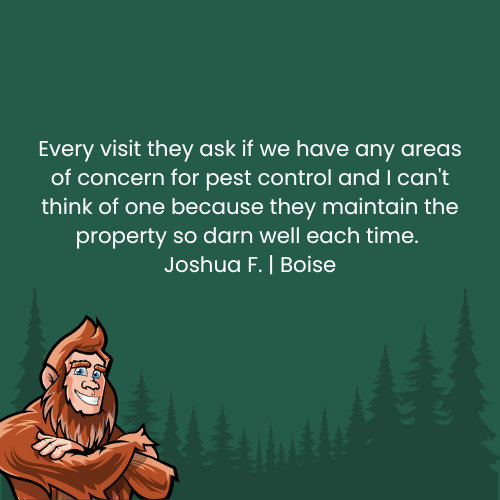 Testimonial quote from Joshua F. of Boise, with a smiling Bigfoot cartoon in a forest.