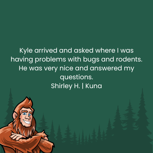 A testimonial about pest control service, with a smiling cartoon bigfoot, set against a green forest background.