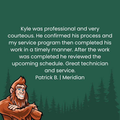 Testimonial from Patrick B. about technician Kyle. A cartoon Bigfoot graphic and a forest background are included.