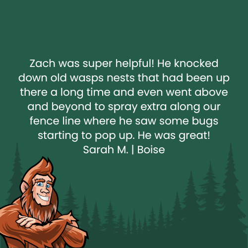 Testimonial with a smiling Bigfoot character and text about Zach's helpful pest control services in Boise.