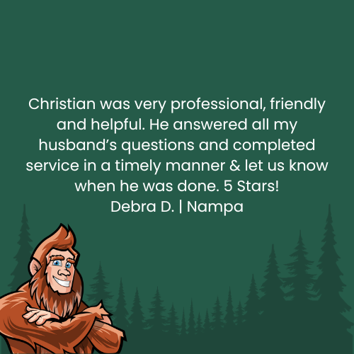 Testimonial: a happy customer gives Christian a 5-star review, mentioning his professionalism and helpfulness, illustrated by a Bigfoot graphic.