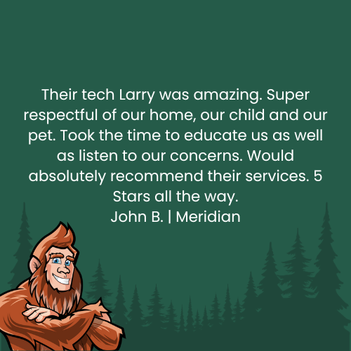 A customer review praising tech Larry. A smiling cartoon Bigfoot with text on a green forest background.