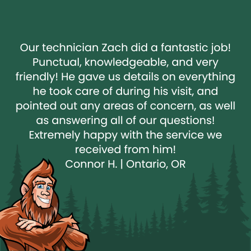 Testimonial praising technician Zach, with cartoon Bigfoot, green background.