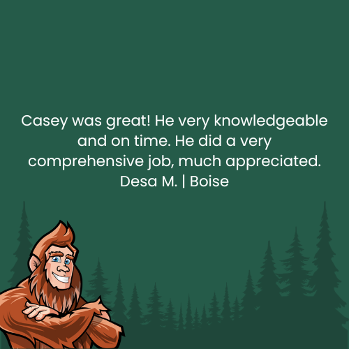 Testimonial about Casey. Bigfoot smiling in front of a forest.