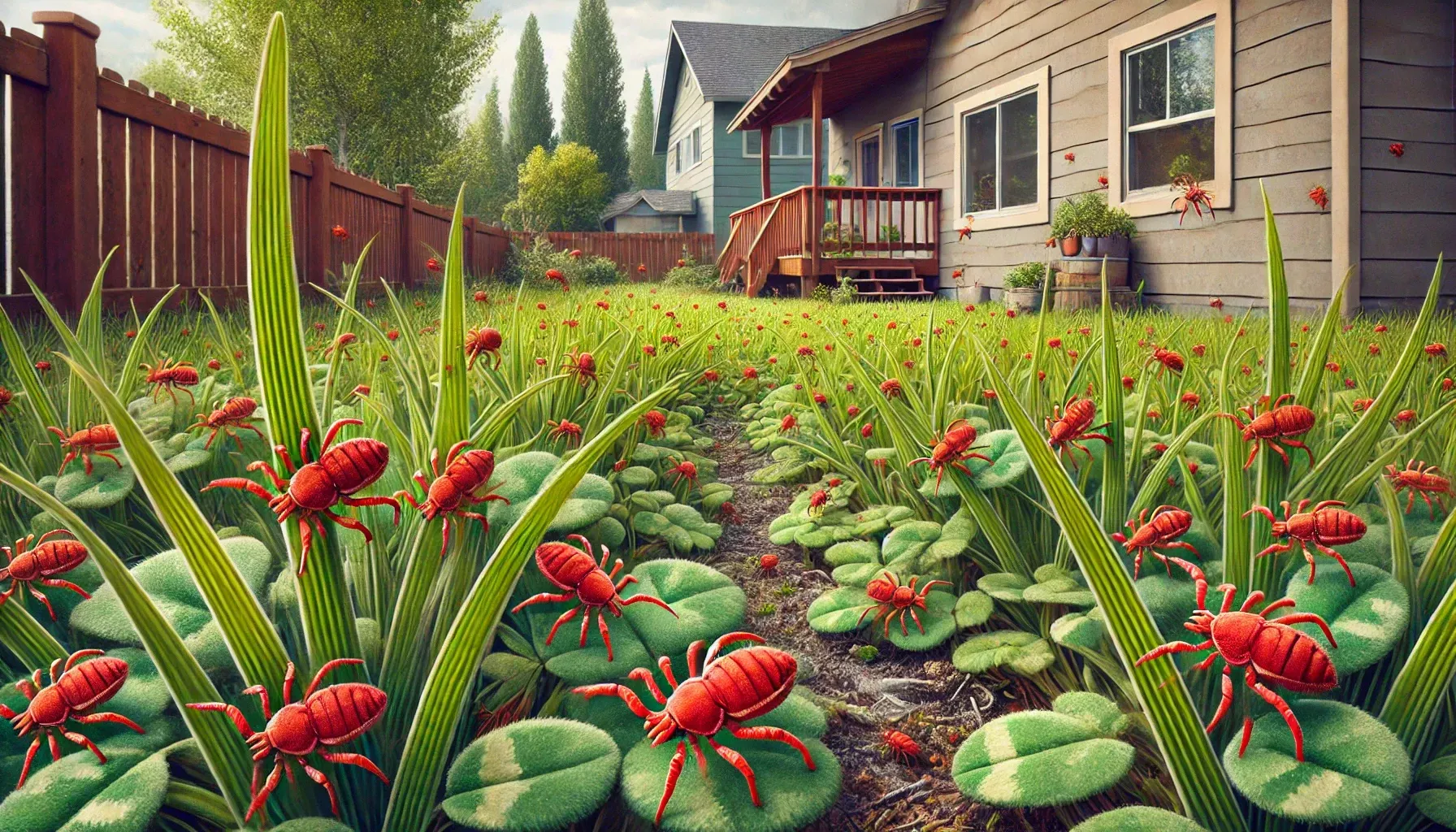 There are a lot of clover mites in the grass in front of a house.