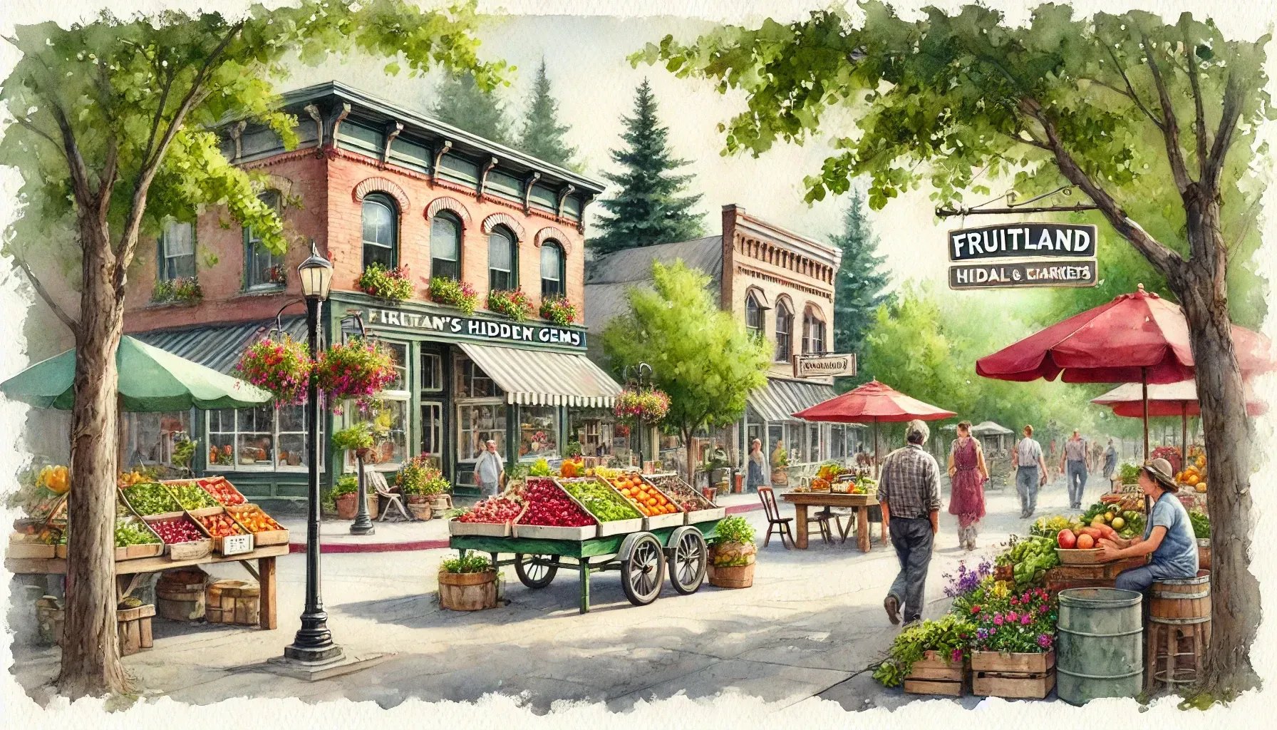 A painting of a fruit and vegetable market in a small town.