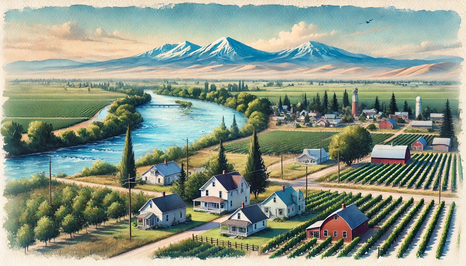 A painting of a farm with a river and mountains in the background
