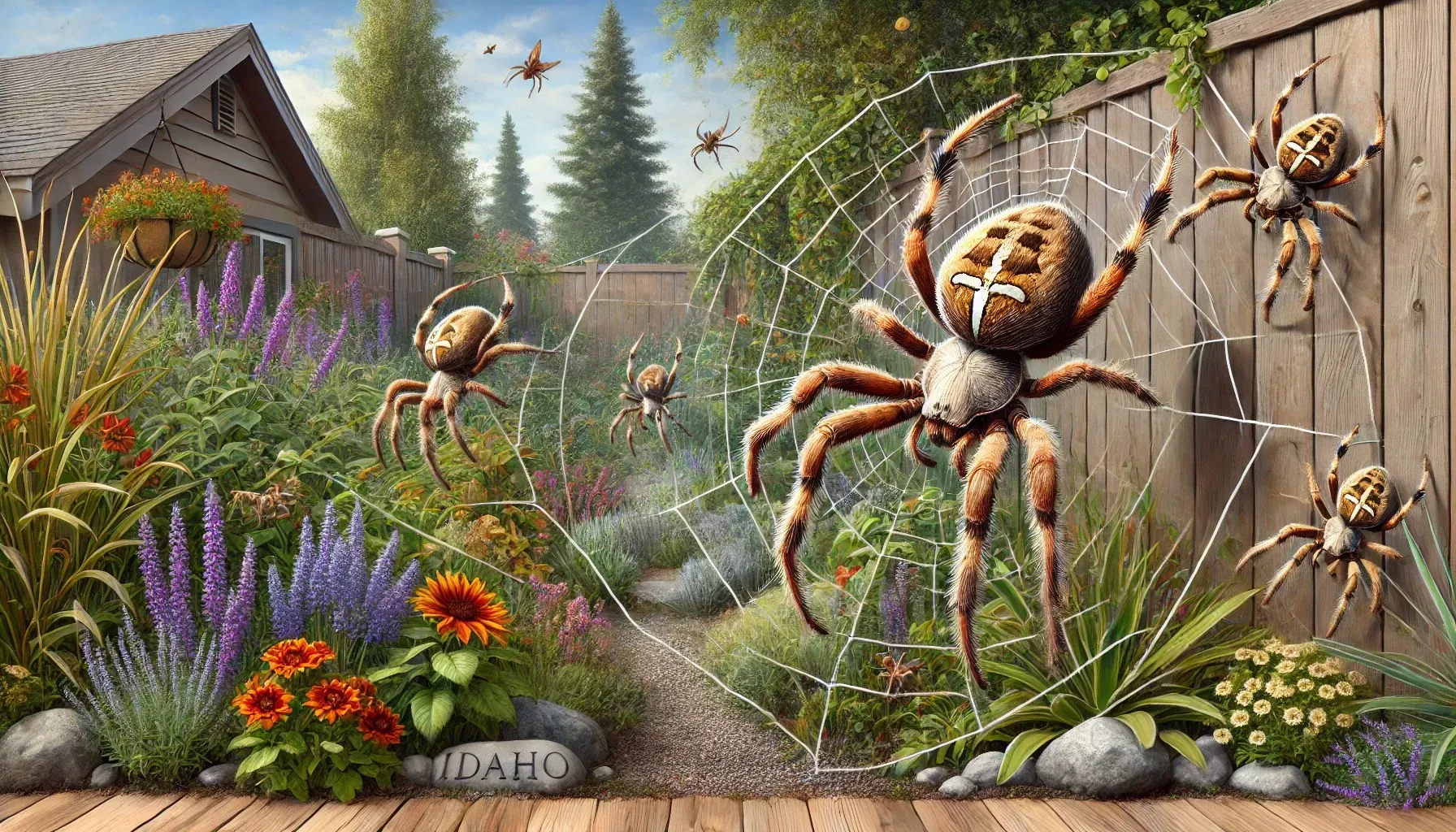 A group of spiders are hanging out of a web in a garden.