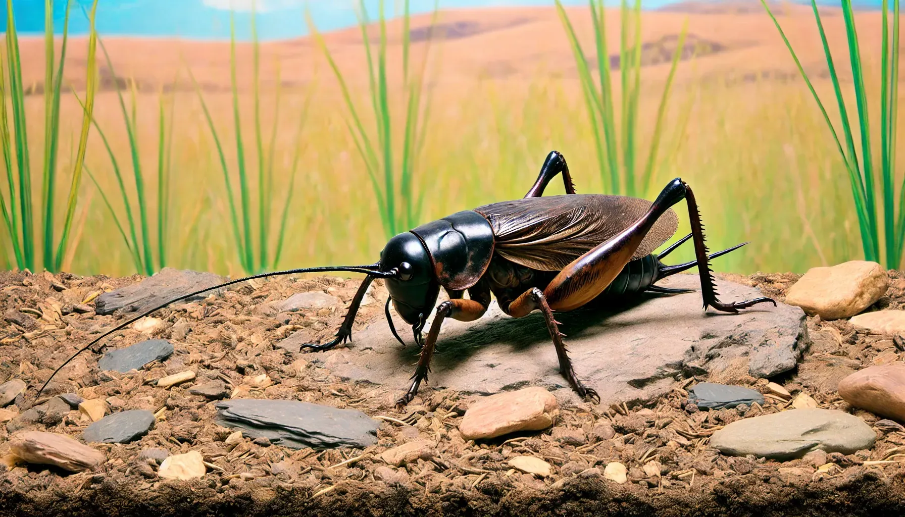 A large Mormon Cricket is sitting on a rock in the dirt.