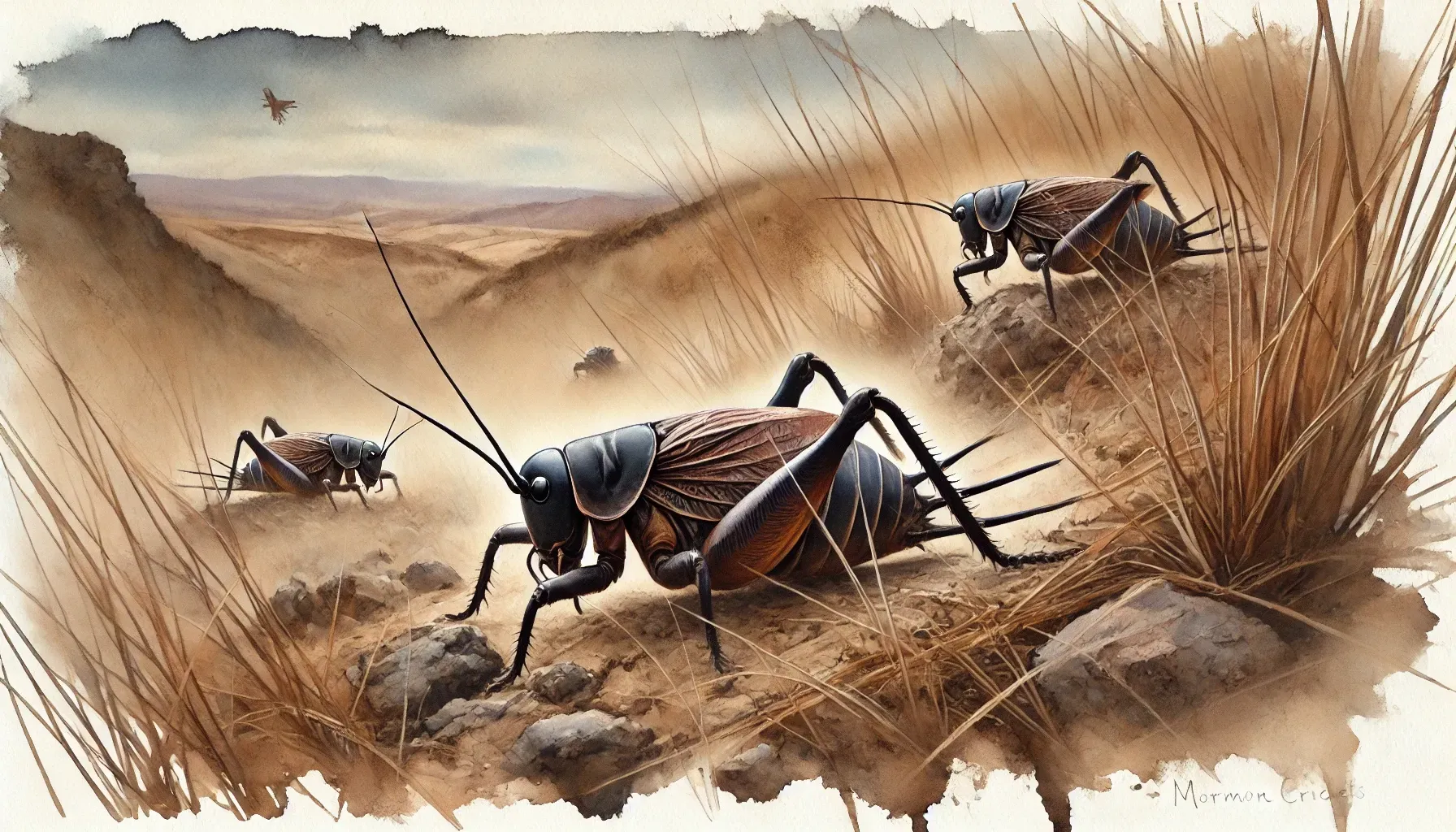 A painting of a group of Mormon Crickets in the Idaho desert