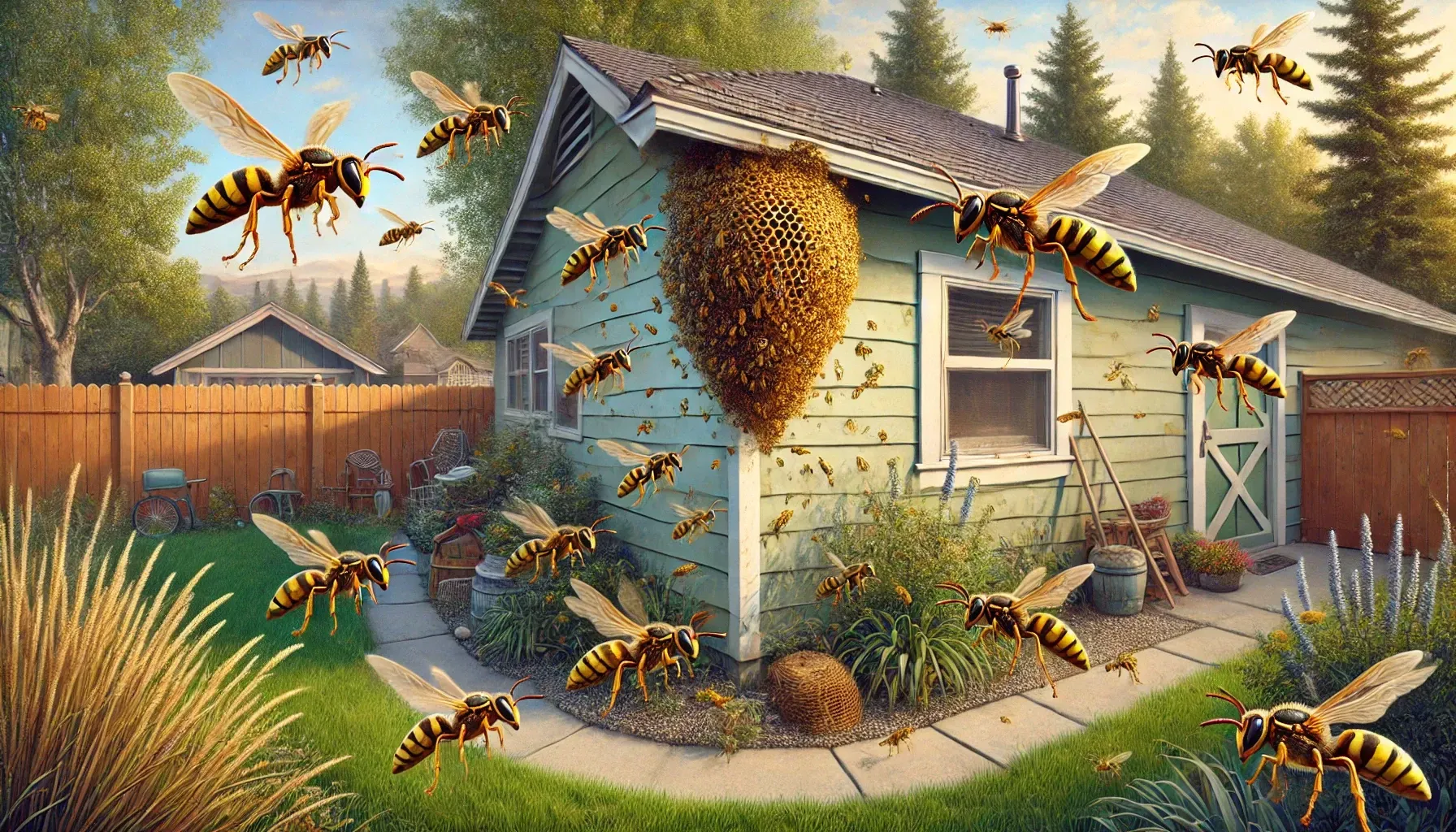 A bunch of wasps are flying around a house.