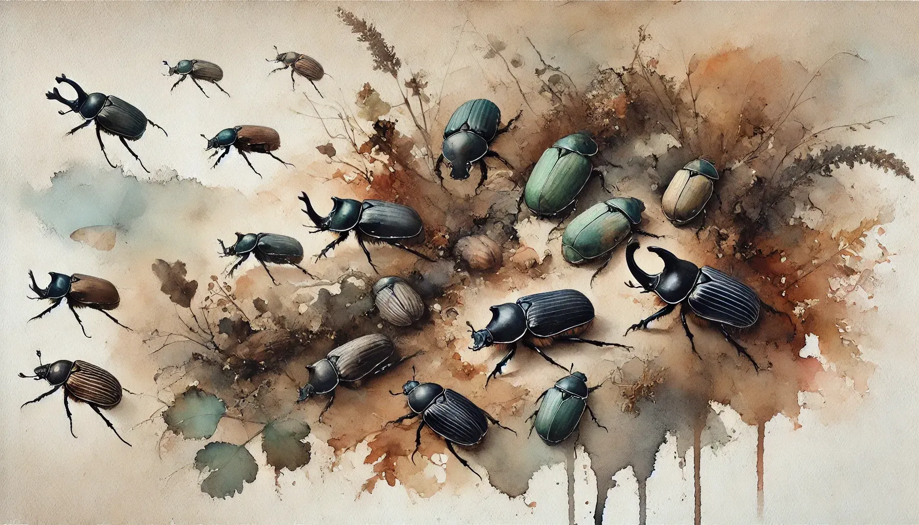 A painting of a bunch of beetles on a brown background