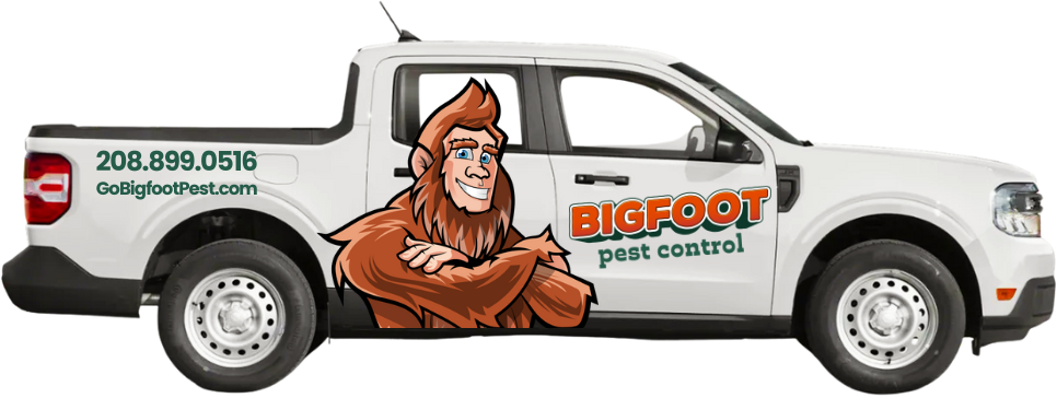 White truck with Bigfoot logo, phone number, and website for pest control services.