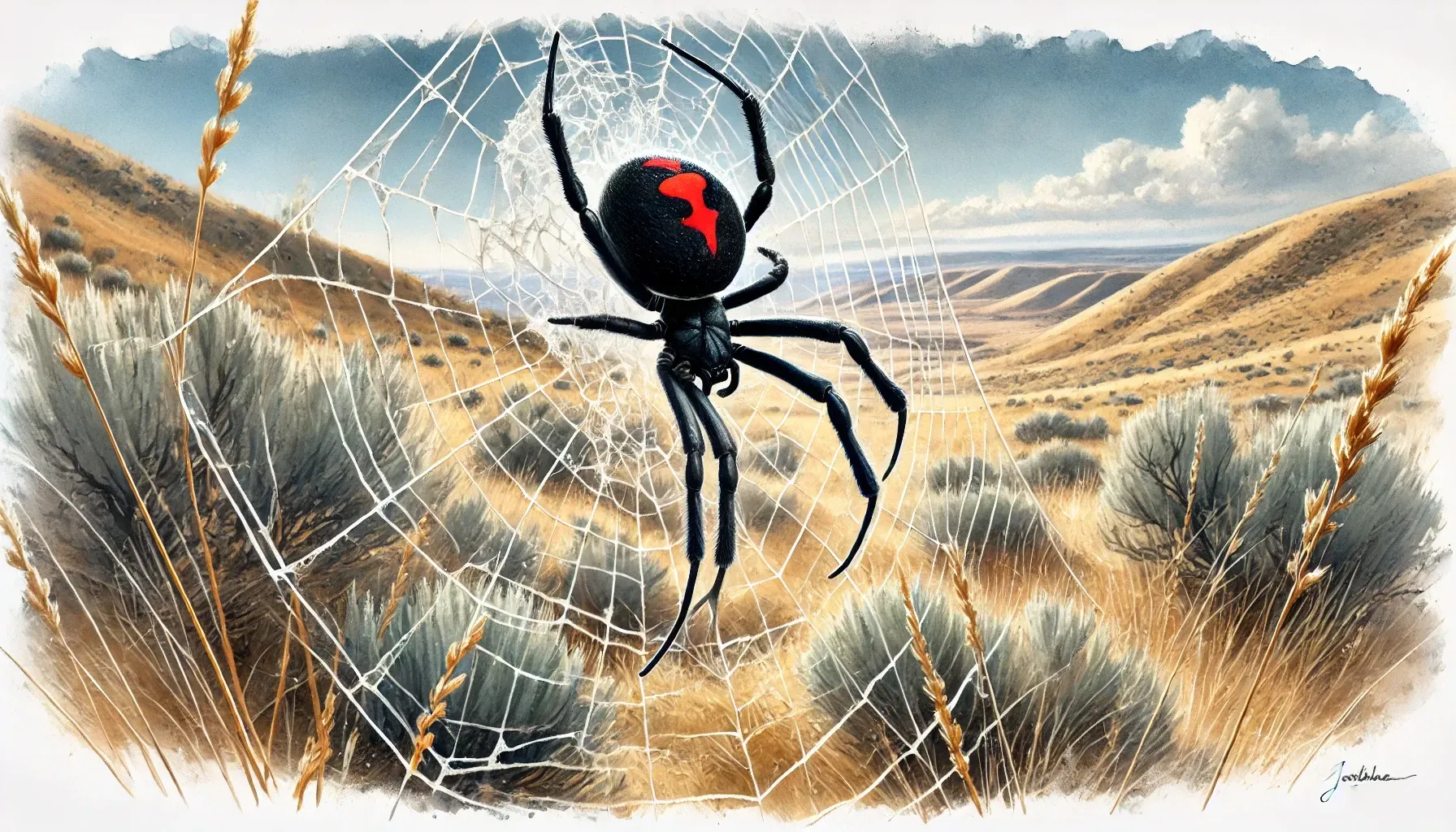 A black widow spider is sitting on a web in the Idaho desert.