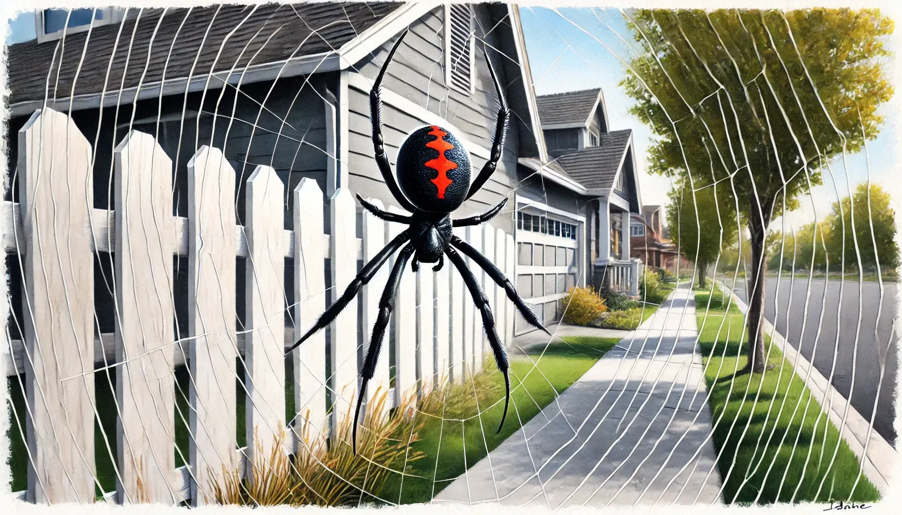 A black widow spider is hanging from a white picket fence.