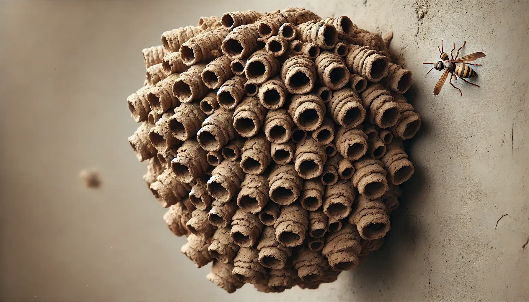A mud dauber wasp is sitting on top of a wasp nest.