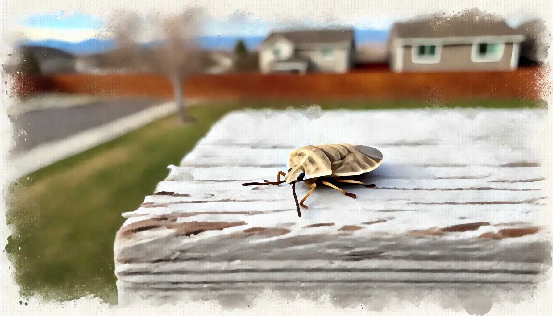 An Elm Seed Bug is sitting on a piece of wood with a house in the background.