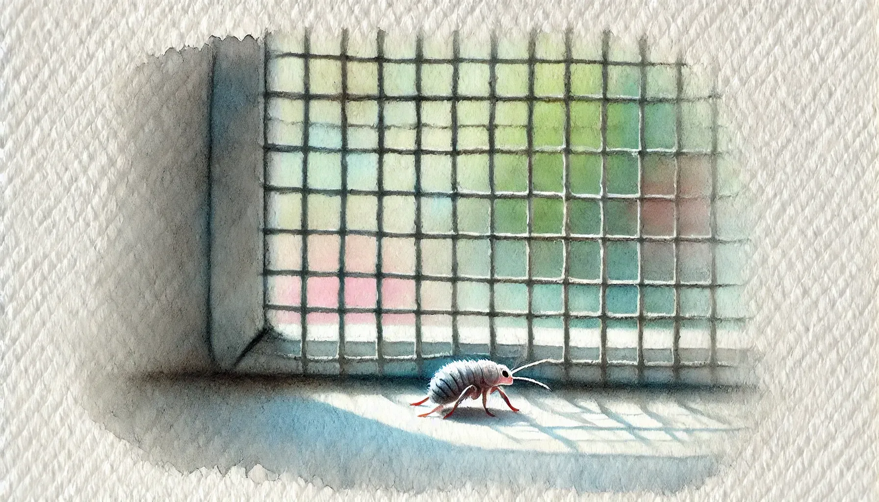 A flea is sitting on a window sill next to a screen.