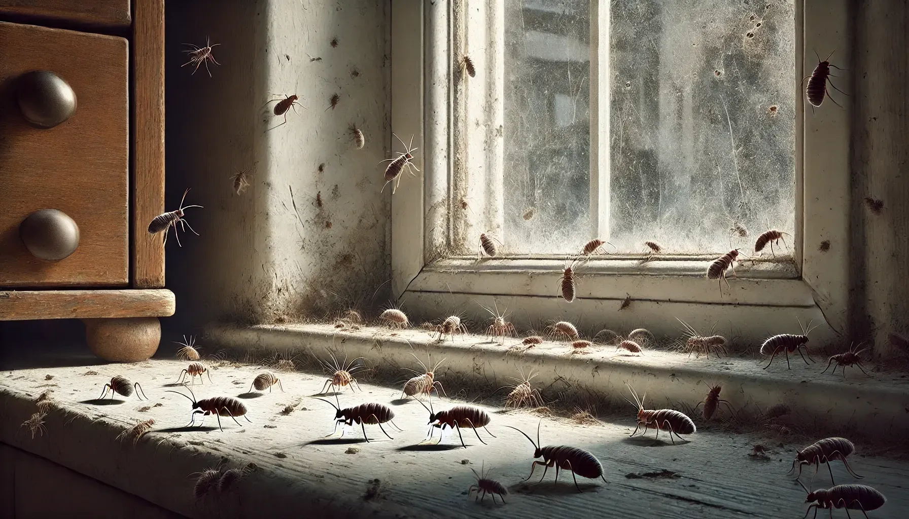 A bunch of fleas are sitting on a window sill in a room.