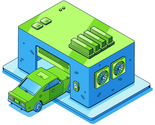 A green car is parked in front of a blue building